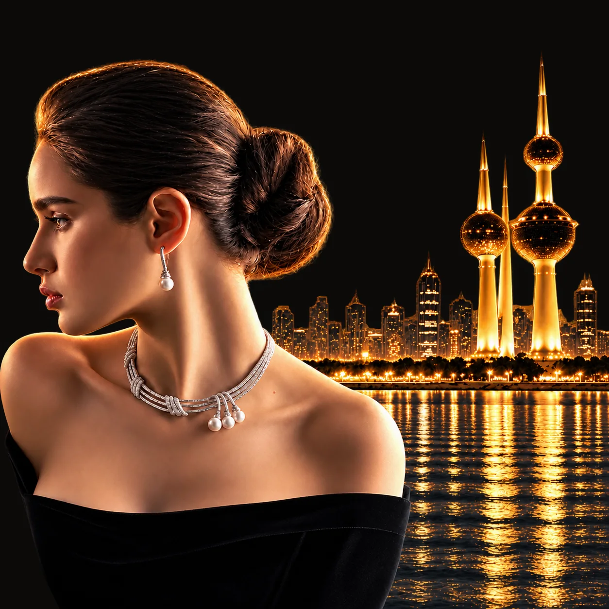 Gemayel Jewellery at QERAT 2026 in Kuwait: a woman in profile wearing a diamond and pearl necklace, with the gold-lit Kuwait Towers behind her